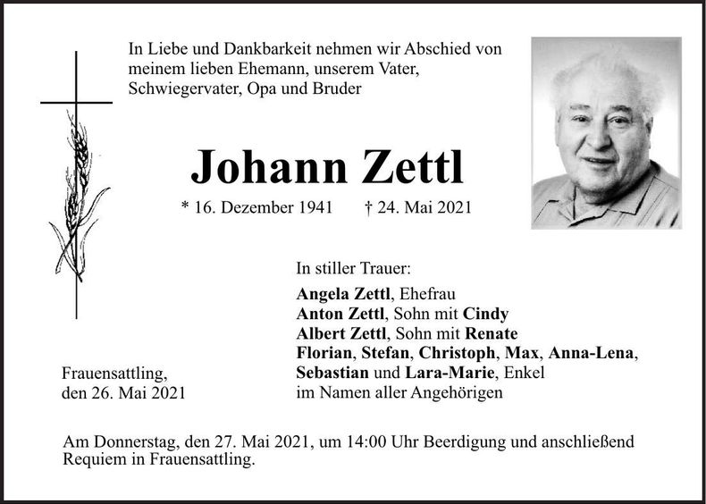 Traueranzeige Johann Zettl