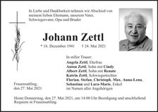 Traueranzeige Johann Zettl