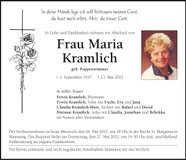 Traueranzeige Maria Kramlich