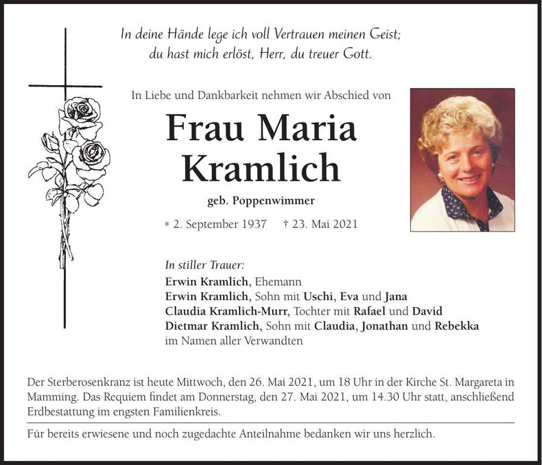 Traueranzeige Maria Kramlich