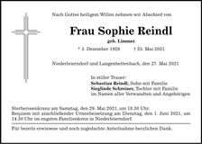 Traueranzeige Sophie Reindl