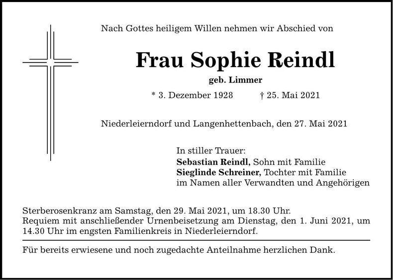 Traueranzeige Sophie Reindl