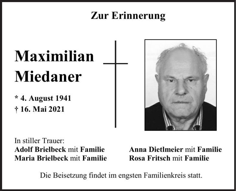 Traueranzeige Max Miedaner