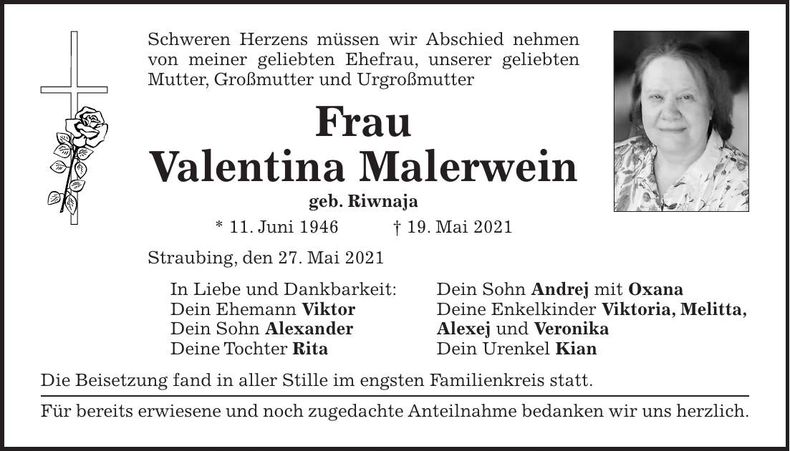 Traueranzeige Valentina Malerwein