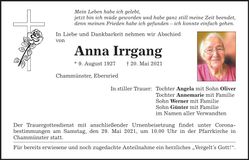 Traueranzeige Anna Irrgang