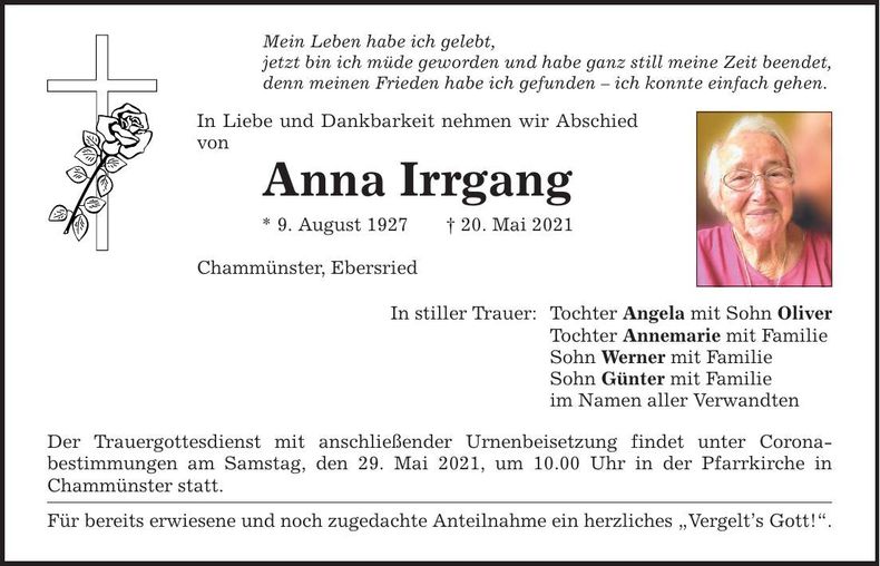 Traueranzeige Anna Irrgang