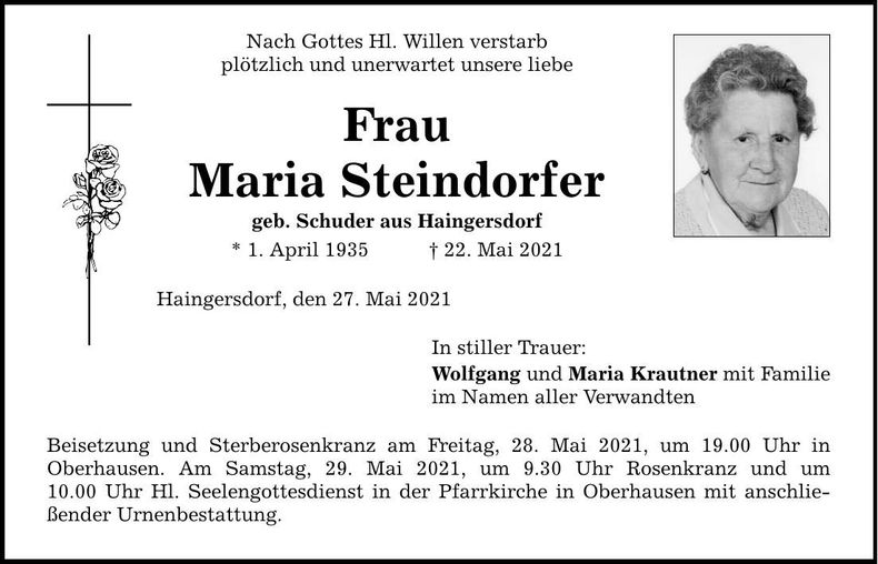 Traueranzeige Maria Steindorfer