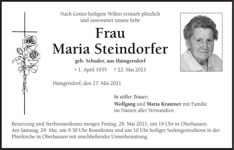 Traueranzeige Maria Steindorfer