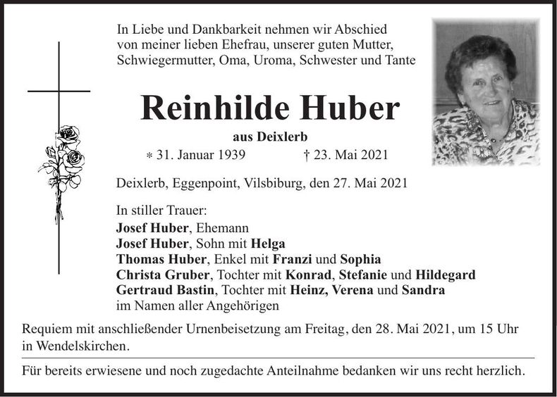 Traueranzeige Reinhilde Huber