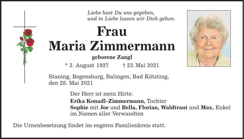 Traueranzeige Maria Zimmermann
