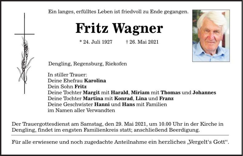 Traueranzeige Fritz Wagner