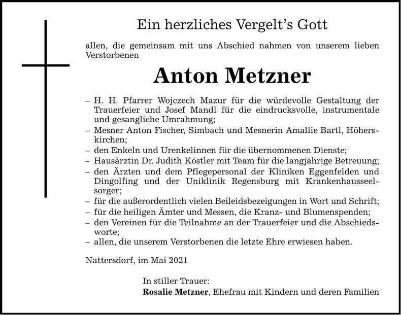 Traueranzeige Anton Metzner