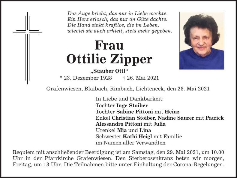 Traueranzeige Ottilie Zipper