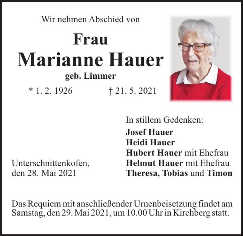 Traueranzeige Marianne Hauer