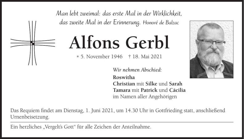 Traueranzeige Alfons Gerbl