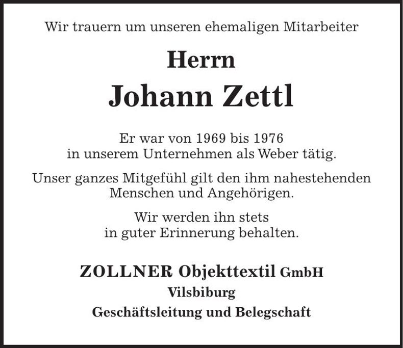 Traueranzeige Johann Zettl