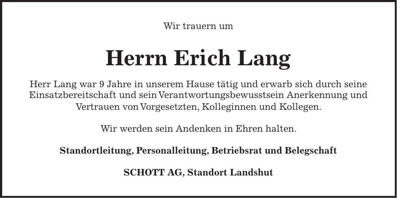 Traueranzeige Erich Lang