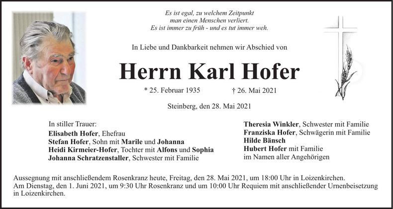 Traueranzeige Karl Hofer
