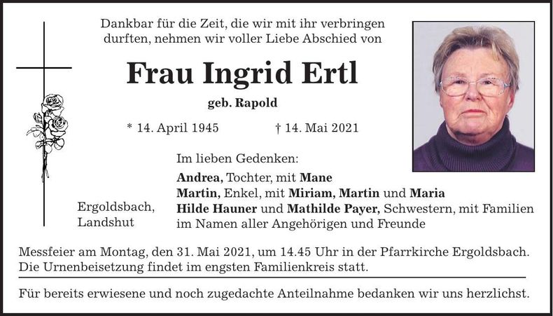 Traueranzeige Ingrid Ertl