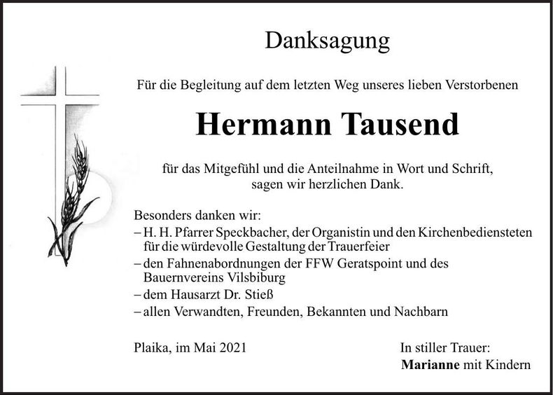 Traueranzeige Hermann Tausend