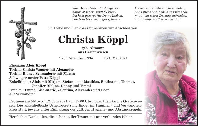 Traueranzeige Christa Köppl