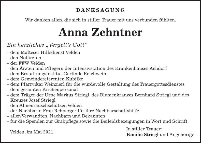 Traueranzeige Anna Zehntner