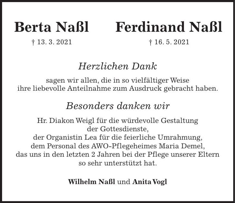 Traueranzeige Ferdinand, Berta Naßl