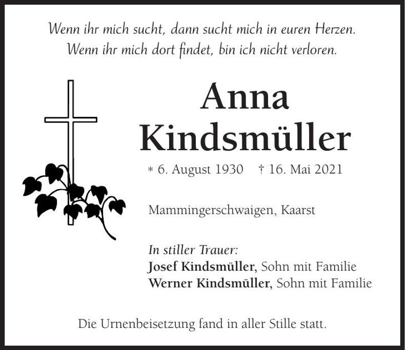 Traueranzeige Anna Kindsmüller