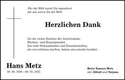 Traueranzeige Hans Metz