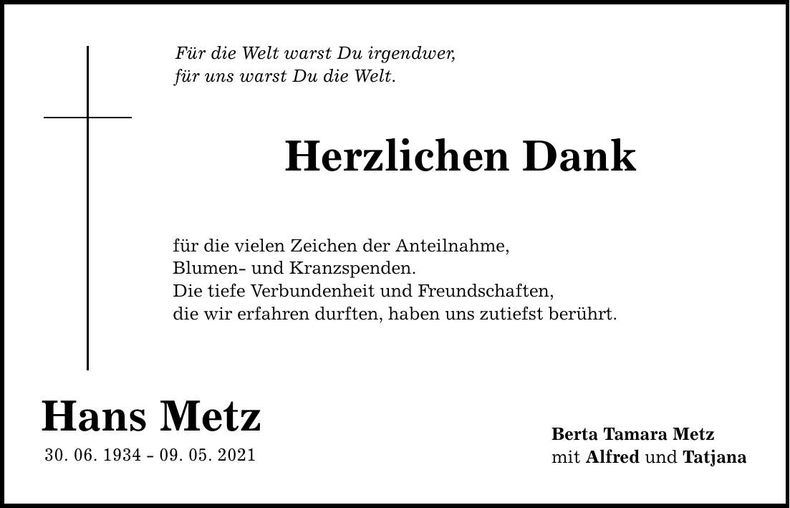 Traueranzeige Hans Metz