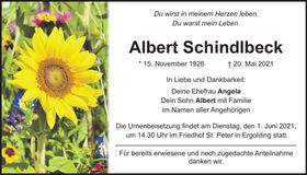 Traueranzeige Albert Schindlbeck