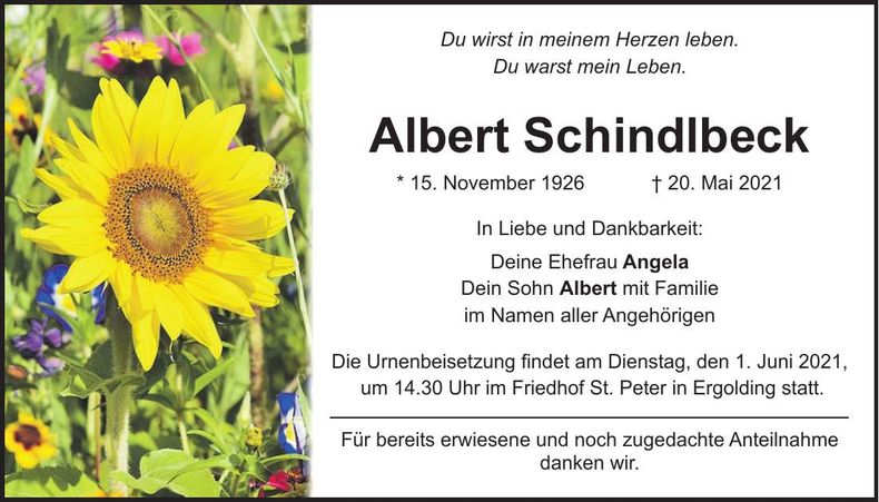 Traueranzeige Albert Schindlbeck