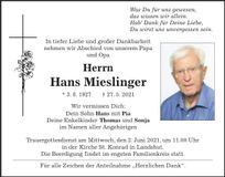 Traueranzeige Hans Mieslinger