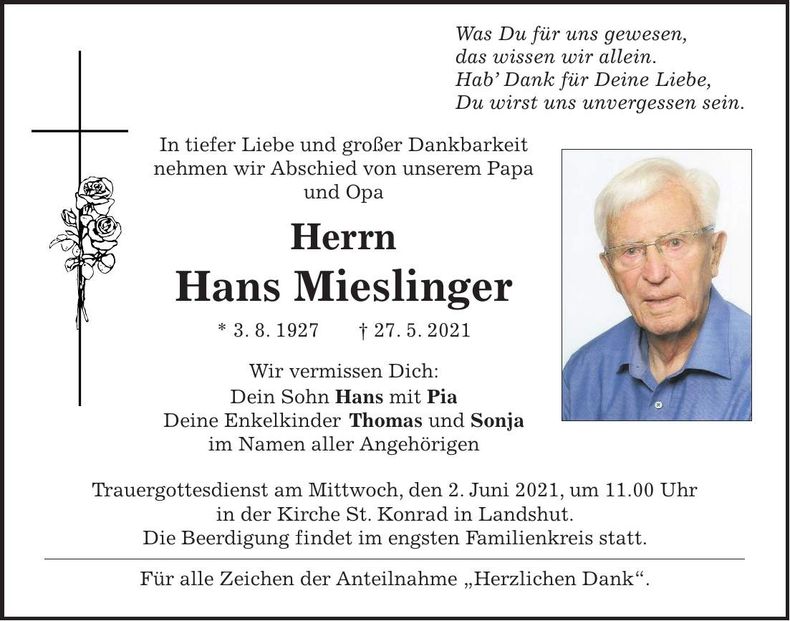 Traueranzeige Hans Mieslinger