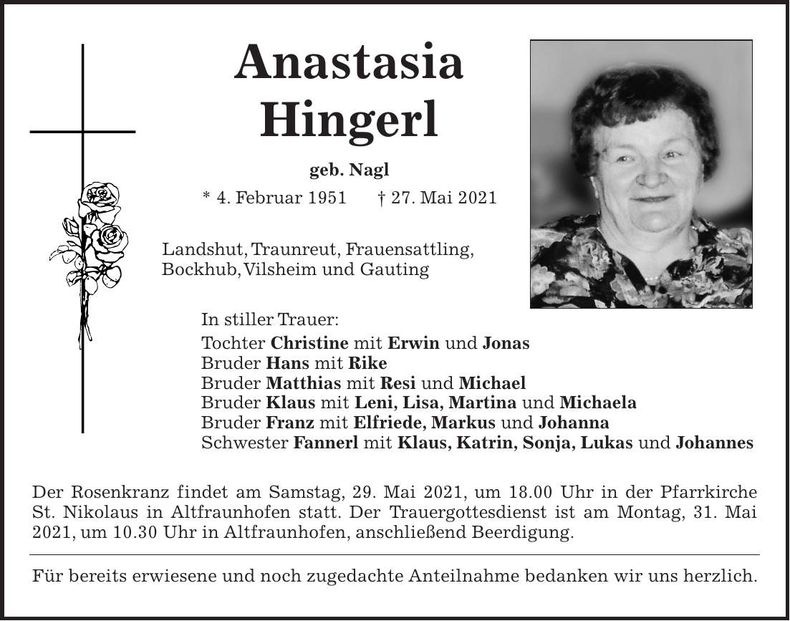 Traueranzeige Anastasia Hingerl