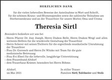 Traueranzeige Theresia Sirtl