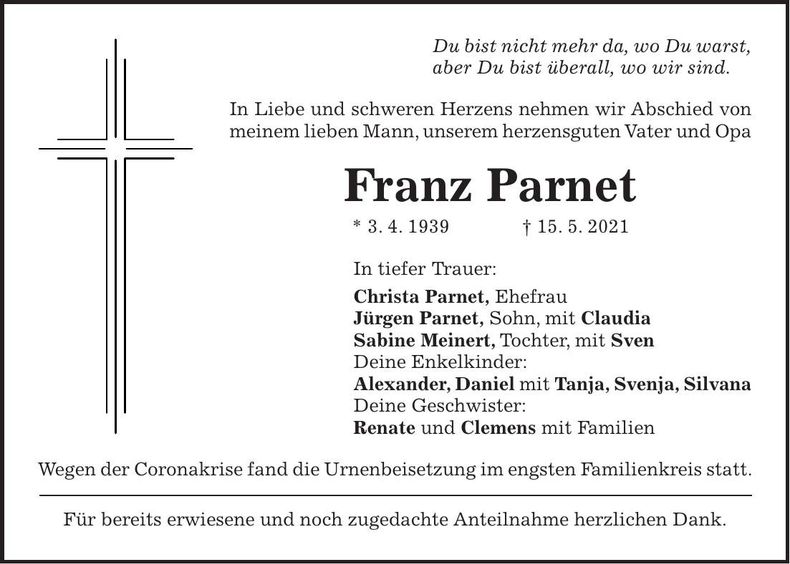 Traueranzeige Franz Parnet