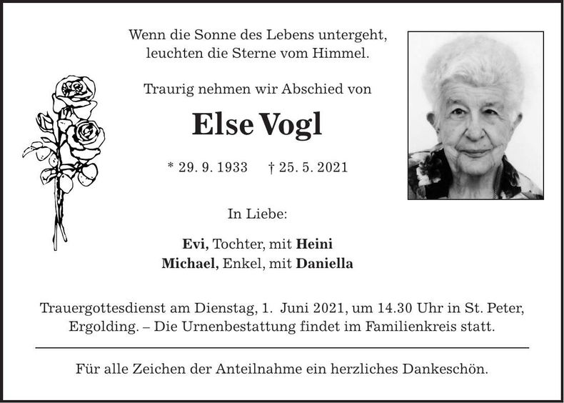 Traueranzeige Else Vogl