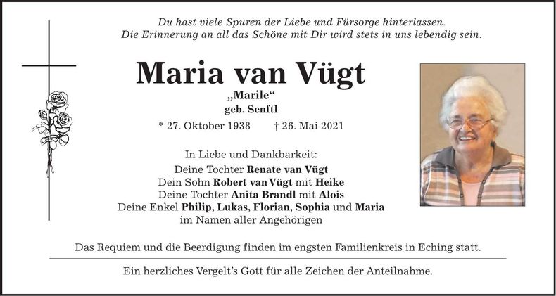 Traueranzeige Maria van Vügt