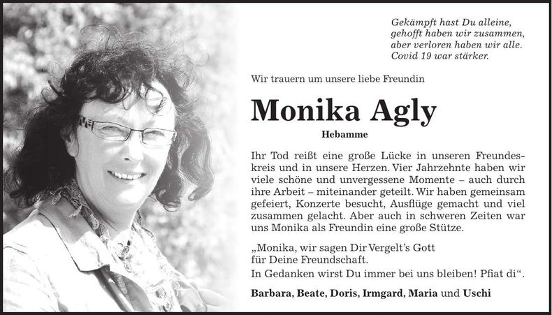 Traueranzeige Monika Agly