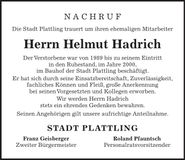 Traueranzeige Helmut Hadrich