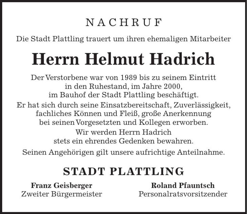 Traueranzeige Helmut Hadrich
