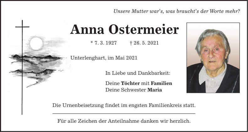 Traueranzeige Anna Ostermeier