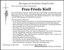 Traueranzeige Frieda Kiefl