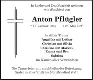 Traueranzeige Anton Pflügler