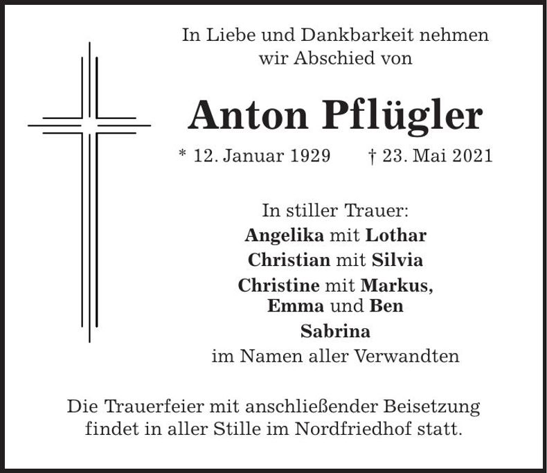 Traueranzeige Anton Pflügler
