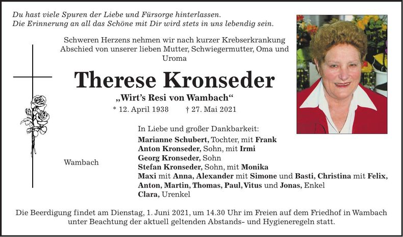 Traueranzeige Therese Kronseder