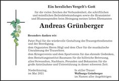 Traueranzeige Andreas Grünberger