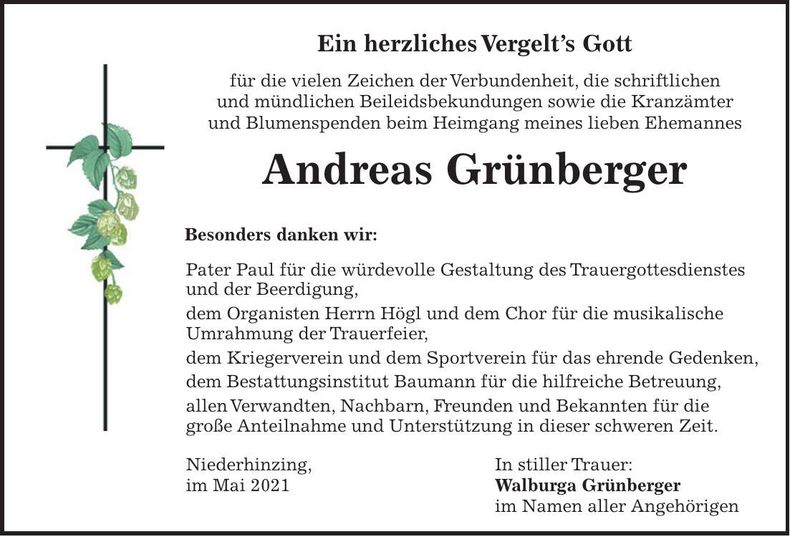 Traueranzeige Andreas Grünberger