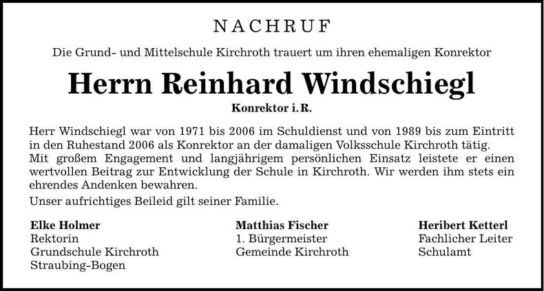 Traueranzeige Reinhard Windschiegl